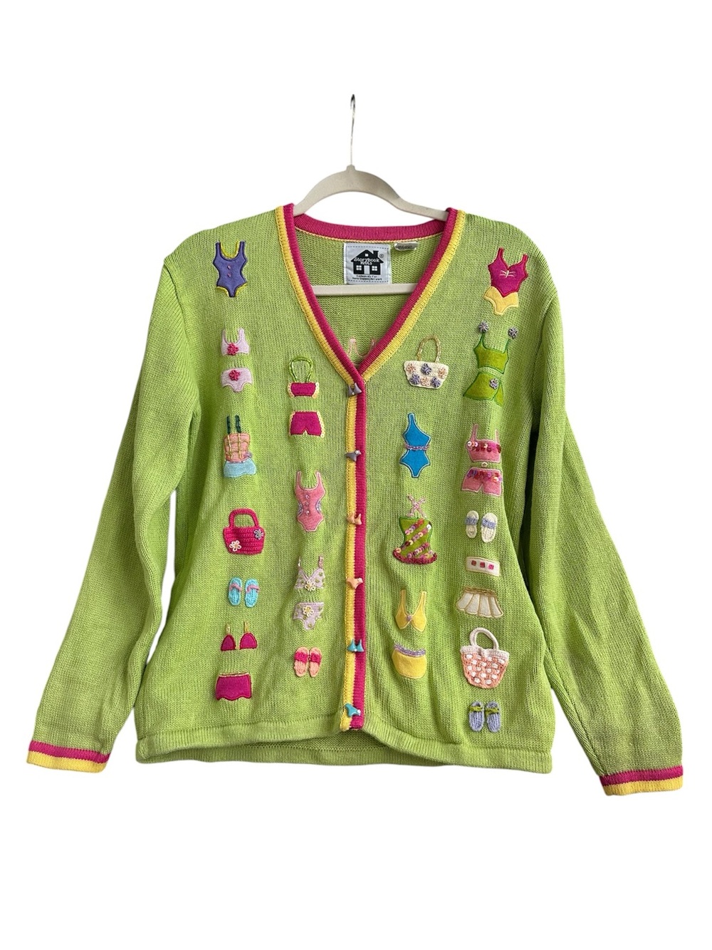 VTG Storybook Knits Swimsuit Beach Novelty Cardigan Sweater Small Lime Green 90s